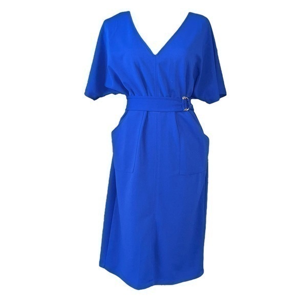 Blue Marina Sheath Dress Belted Stretch V Neck Dolman Sleeve Pocket Size M - Picture 1 of 9